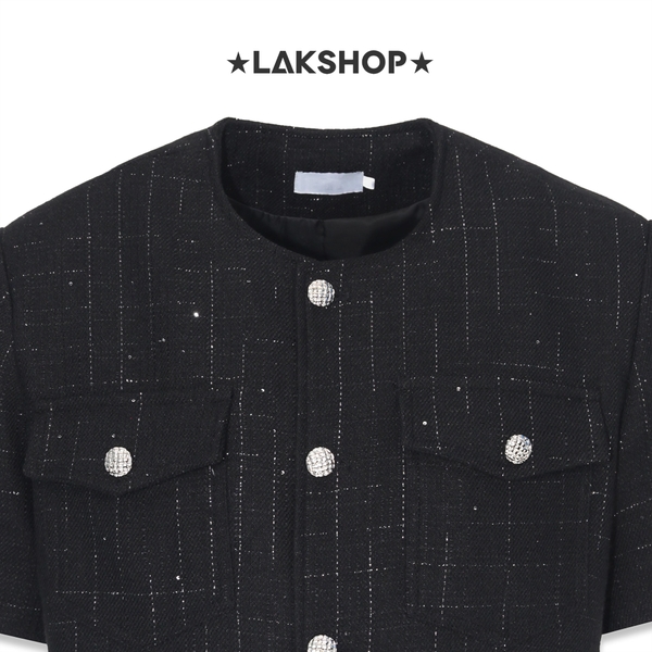 Áo Black Grid Tweed Short Sleeve Jacket