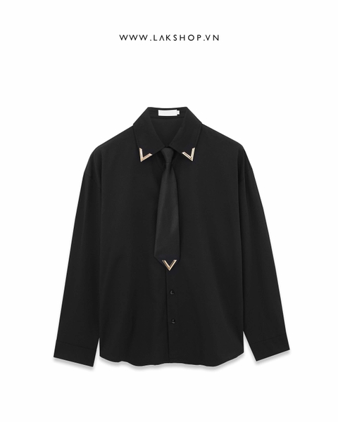 Oversized Black V Neck with Tie Shirt