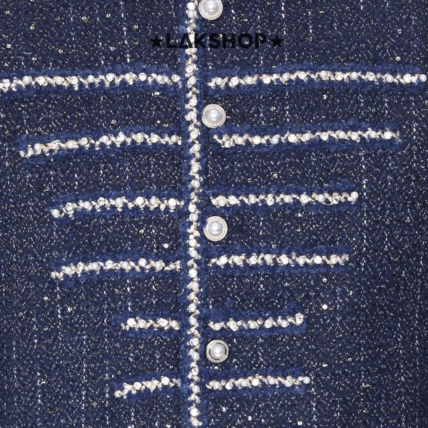 Áo Navy Tweed with Pearl Trim Military Jacket