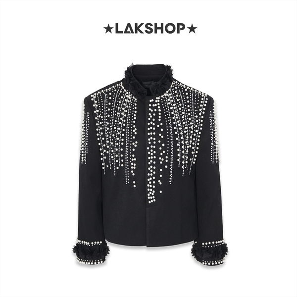 Áo Black with Pearl mix Neck Flower Jacket