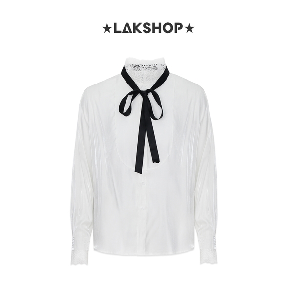 Áo White Lace Splicing Stand Collar Satin Shirt