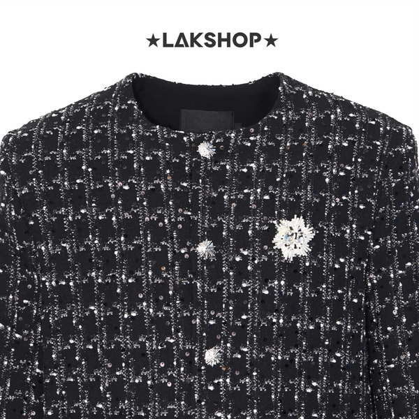 Áo Black with Brooch Check Bling Bling Tweed Jacket