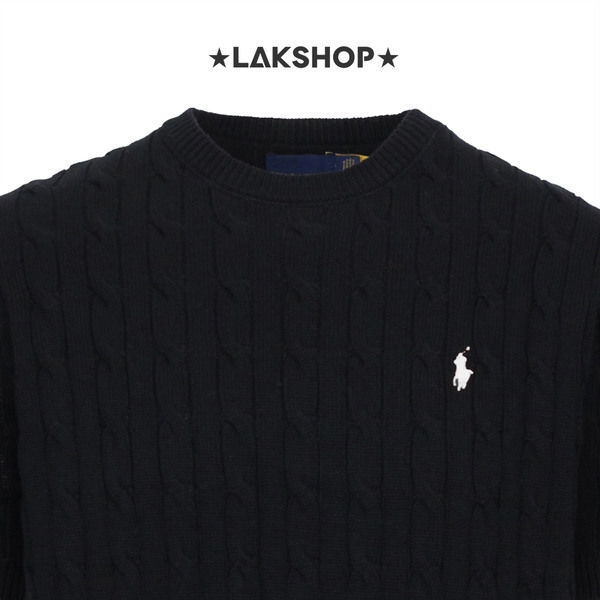 Áo R.L Black Ribbed Cable-Knit Short-Sleeve Sweater