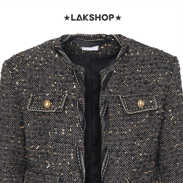 Áo Black Tweed Gold Button mix Silk Trim Jacket