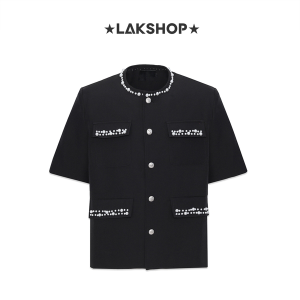 Áo Black with Pearl Pocket Short Sleeve Shirt Jacket