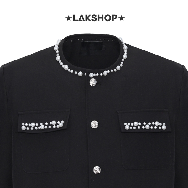 Áo Black with Pearl Pocket Short Sleeve Shirt Jacket