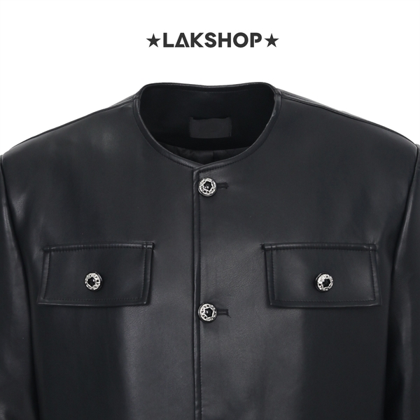 Áo Black Crewneck Leather Jacket