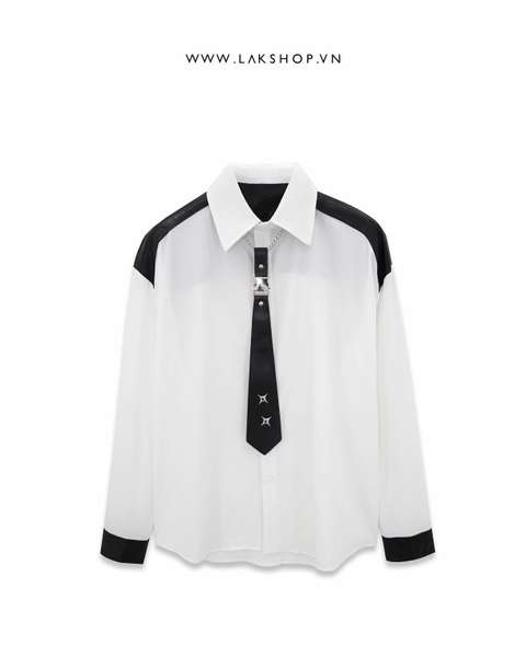 Áo Oversized White Leather with Tie Shirt