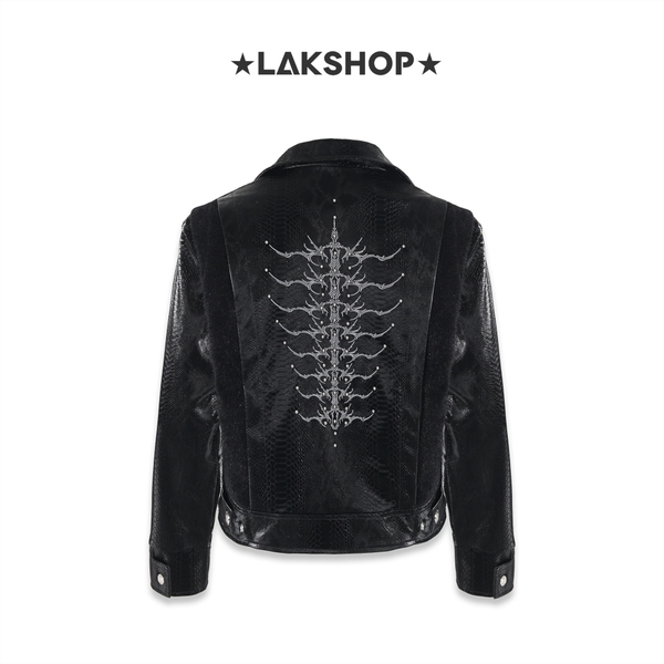 Áo Black Snake Spine Pattern Rivet Embroidered PU Leather Lacket