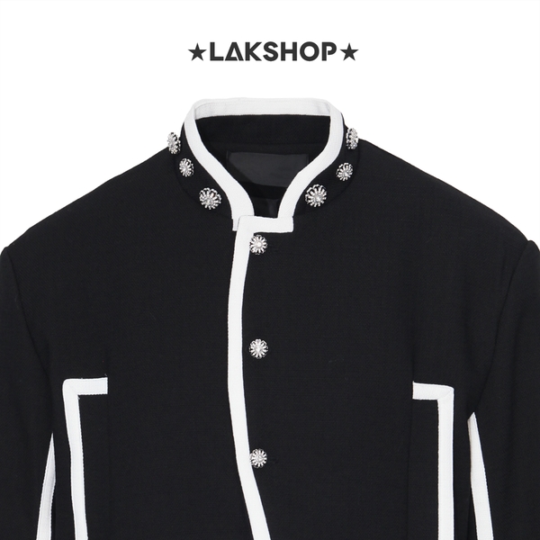 Áo Black with White Trim Stand Collar Button Jacket
