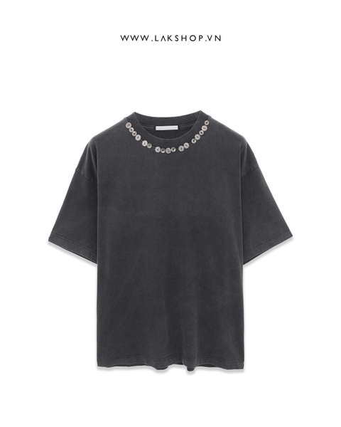 Oversized Button Detail Neck Wash T-shirt