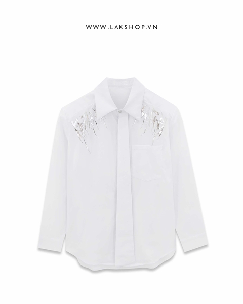 Áo Oversized White Silver Slogan with Tie Shirt