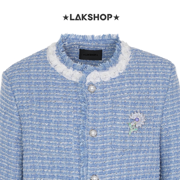 Áo Blue Áo Flower Trim Tweed Jacket