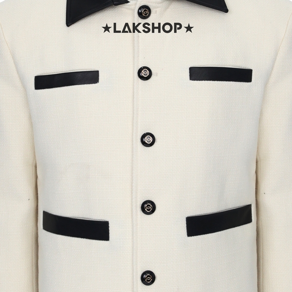 Áo White Tweed with Black Pocket Trim Jacket