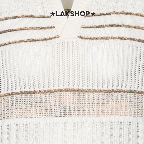 Áo White Knitted Stripe Polo Sweater