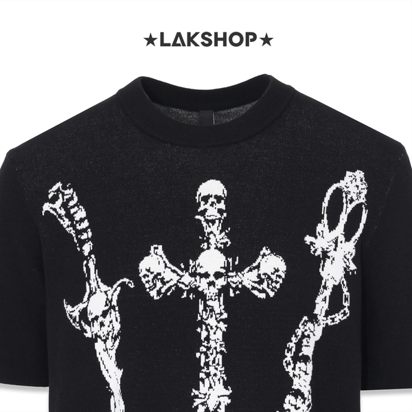 Áo Black Skull Cross Knit T-shirt