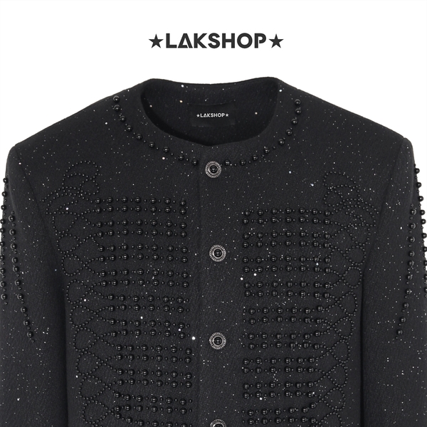 Áo Black Patterned With Pearl Embellishments Jacket