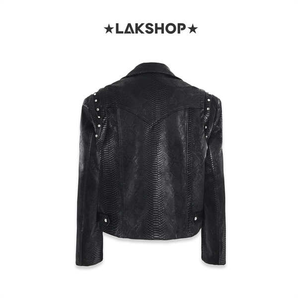 Áo Black Animal Faux Leather Shoulder Stud Jacket