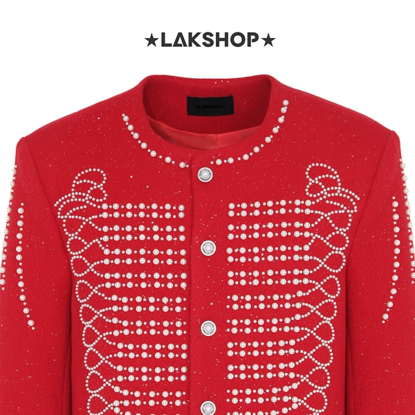 Áo Red Patterned With Pearl Embellishments Jacket