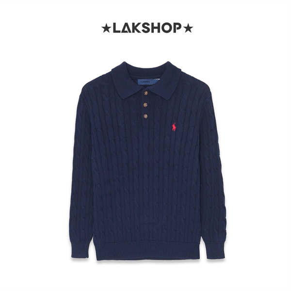 Áo R.L Navy Cable-Knit Long-Sleeve Polo Sweater
