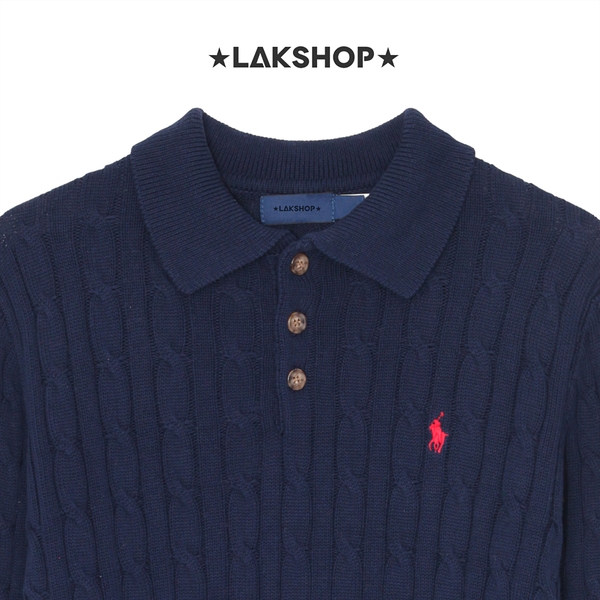 Áo R.L Navy Cable-Knit Long-Sleeve Polo Sweater