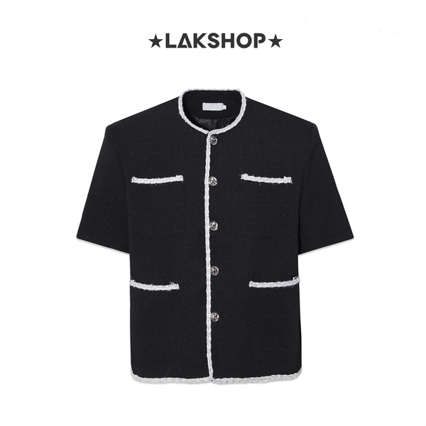 Áo Black with Trim Glitter Short Sleeve Shirt Jacket