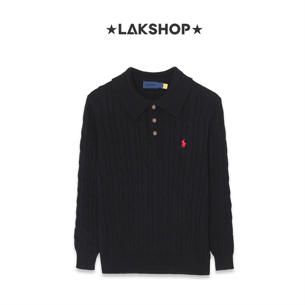 Áo R.L Black Cable-Knit Long-Sleeve Polo Sweater
