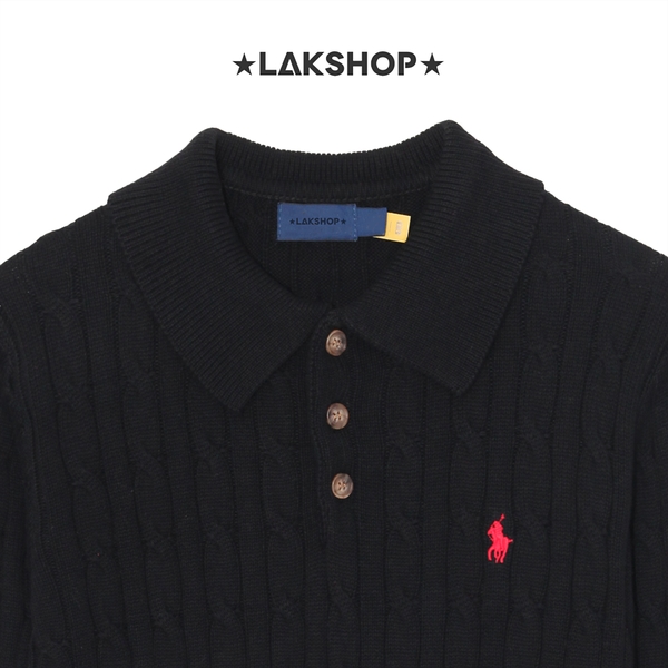 Áo R.L Black Cable-Knit Long-Sleeve Polo Sweater