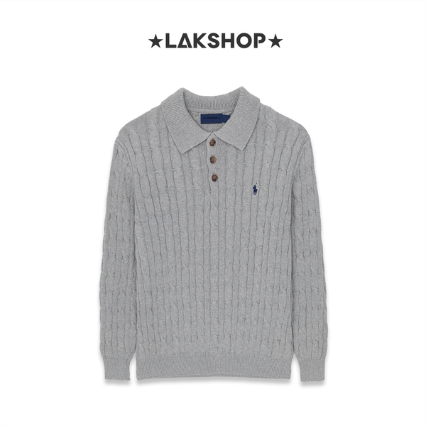 Áo R.L Grey Cable-Knit Long-Sleeve Polo Sweater