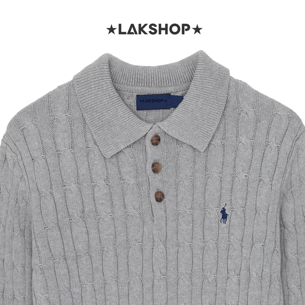 Áo R.L Grey Cable-Knit Long-Sleeve Polo Sweater