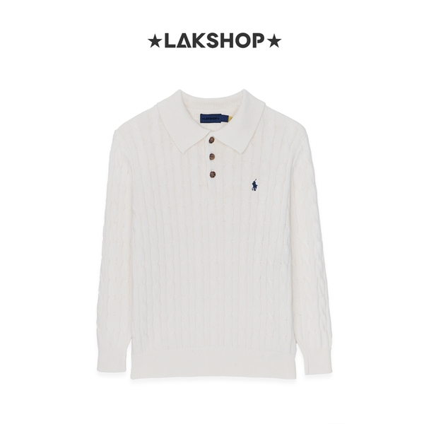 Áo R.L White Cable-Knit Long-Sleeve Polo Sweater