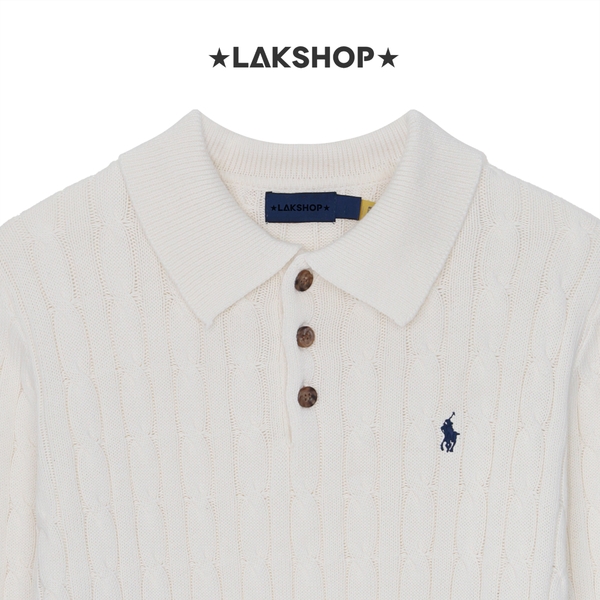 Áo R.L White Cable-Knit Long-Sleeve Polo Sweater