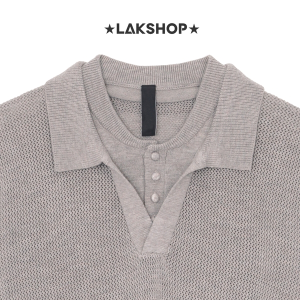 Áo Grey Double Neck Knit Polo Shirt