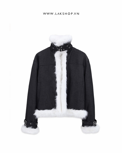 Áo 2IN1 Faux Fur White with Black Denim Jacket (Mặc được 2 mặt) cx1