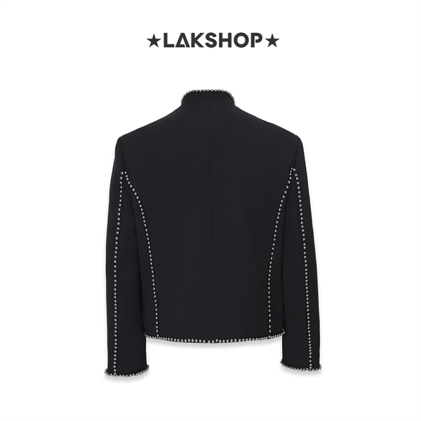 Áo Black Mandarin Collar Jacket with Silver Pearl Trim
