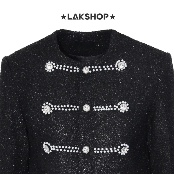 Áo Black Bling Tweed Double Breasted Pearl Jacket