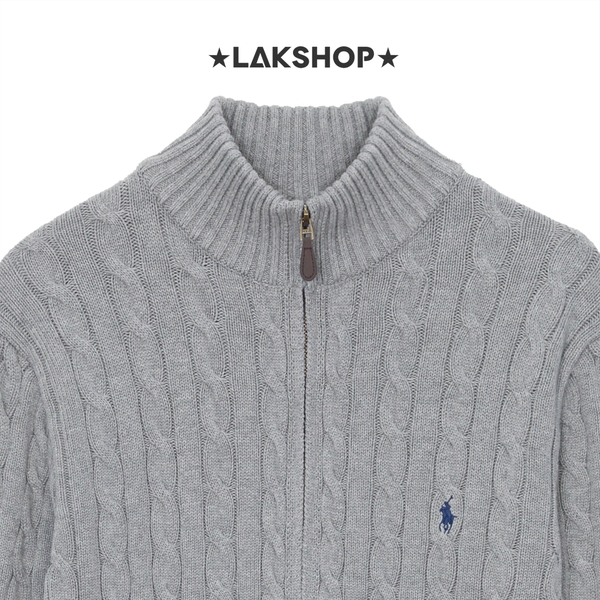 Áo R.L Grey Cable-Knit Full-Zip Cardigan Sweater