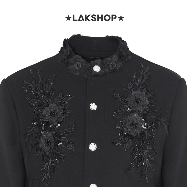 Áo Black Flower Squin Stand Collar Jacket