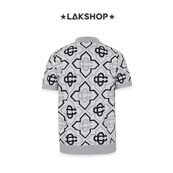 Áo Casa Grey Monogram Cotton Knit Polo Shirt