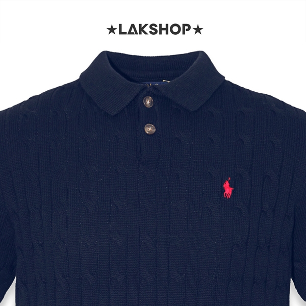 Áo R.L Navy Cable-Knit Short-Sleeve Polo Sweater