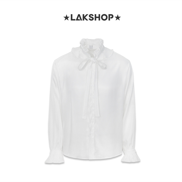 Áo White Bow Neck Ruffle Shirt