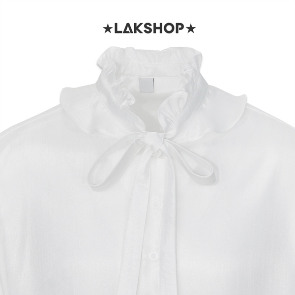 Áo White Bow Neck Ruffle Shirt