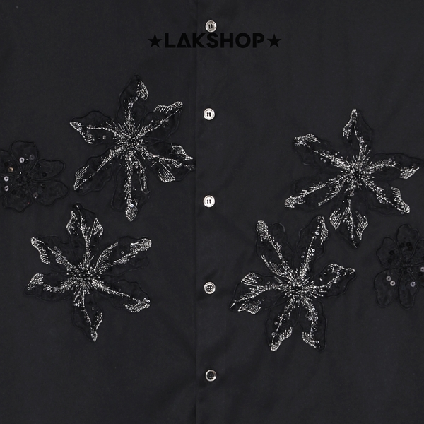 Áo Black Flower with Bling Neck Shirts