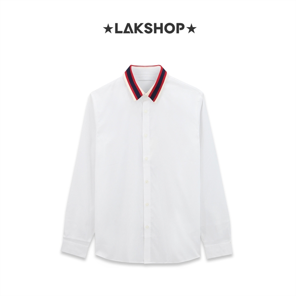Áo White Ribbed Long Sleeve Collar Shirt