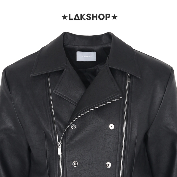 Áo Black Zipper Double-Breasted Leather Jacket