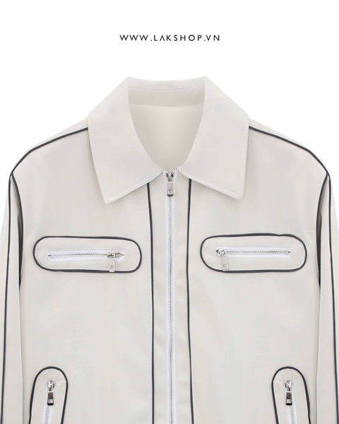 Áo White with Trim Light Leather Jacket cs2