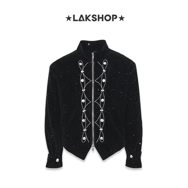 Áo Black Velvet Embroidered with Pearl Jacket