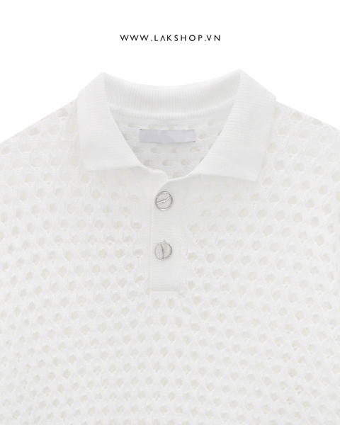 O*clock Button White Mesh Knit Polo Shirt