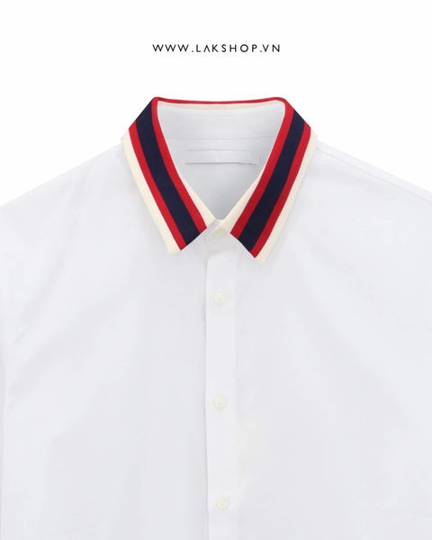 Áo White Ribbed Long Sleeve Collar Shirt