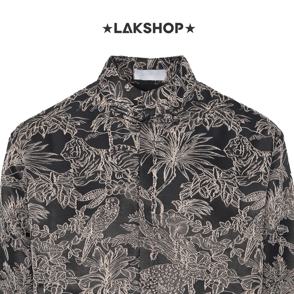 Áo Black Stand-collar Button-down 3D Jacquard pattern Shirt